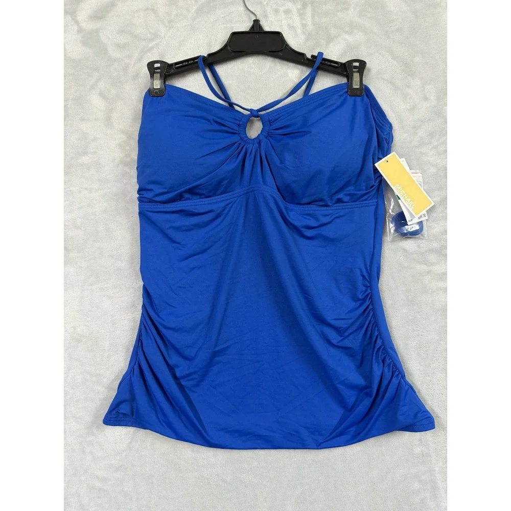 NWT Michael Kors Tankini Top Womens Blue Ruched Halter Keyhole Small $98 A353